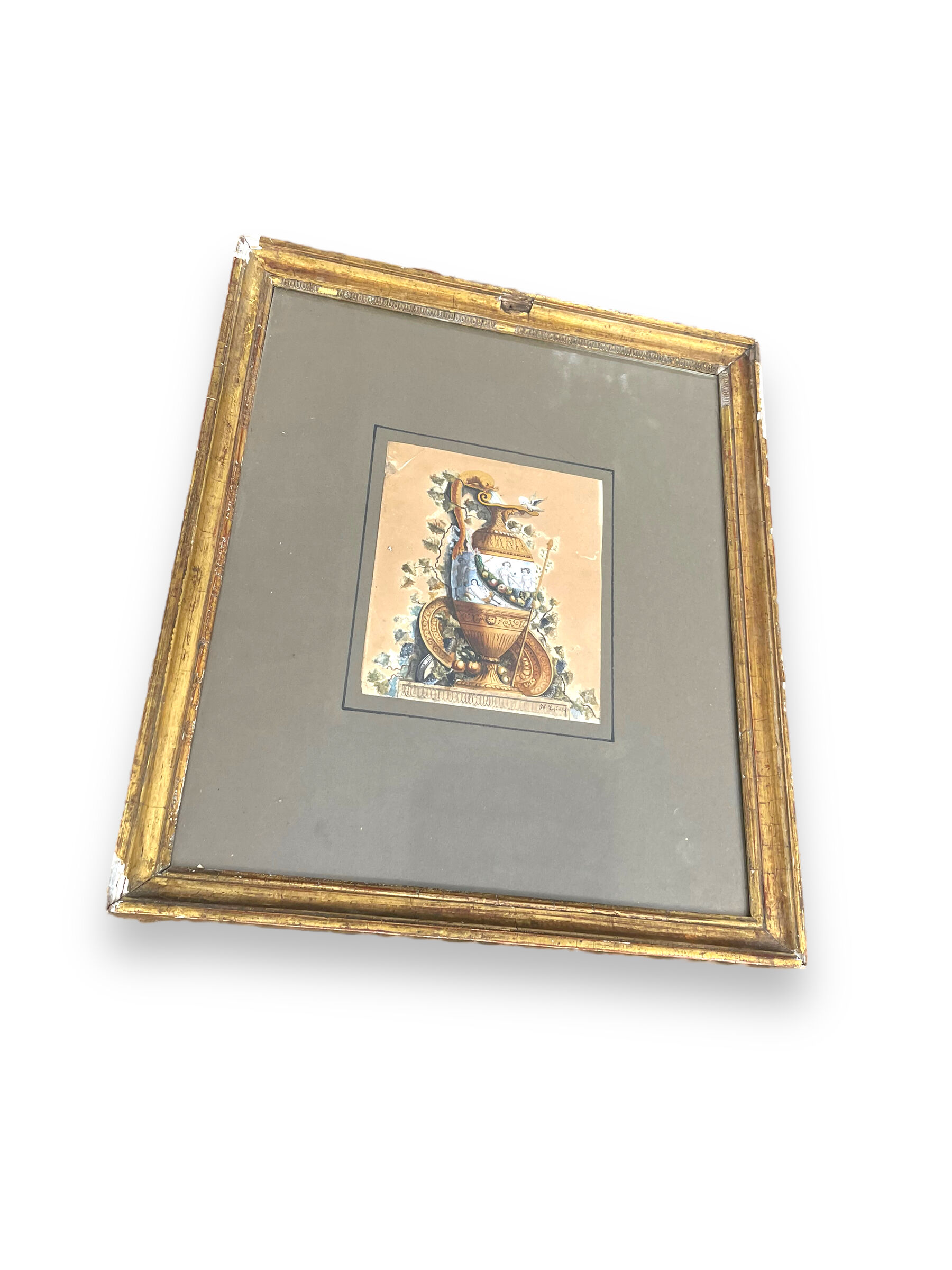 Watercolor XIXth Fountain at Antique Signed H. Lozé