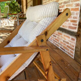 4 garden armchairs 1970 in pine and beige fabric