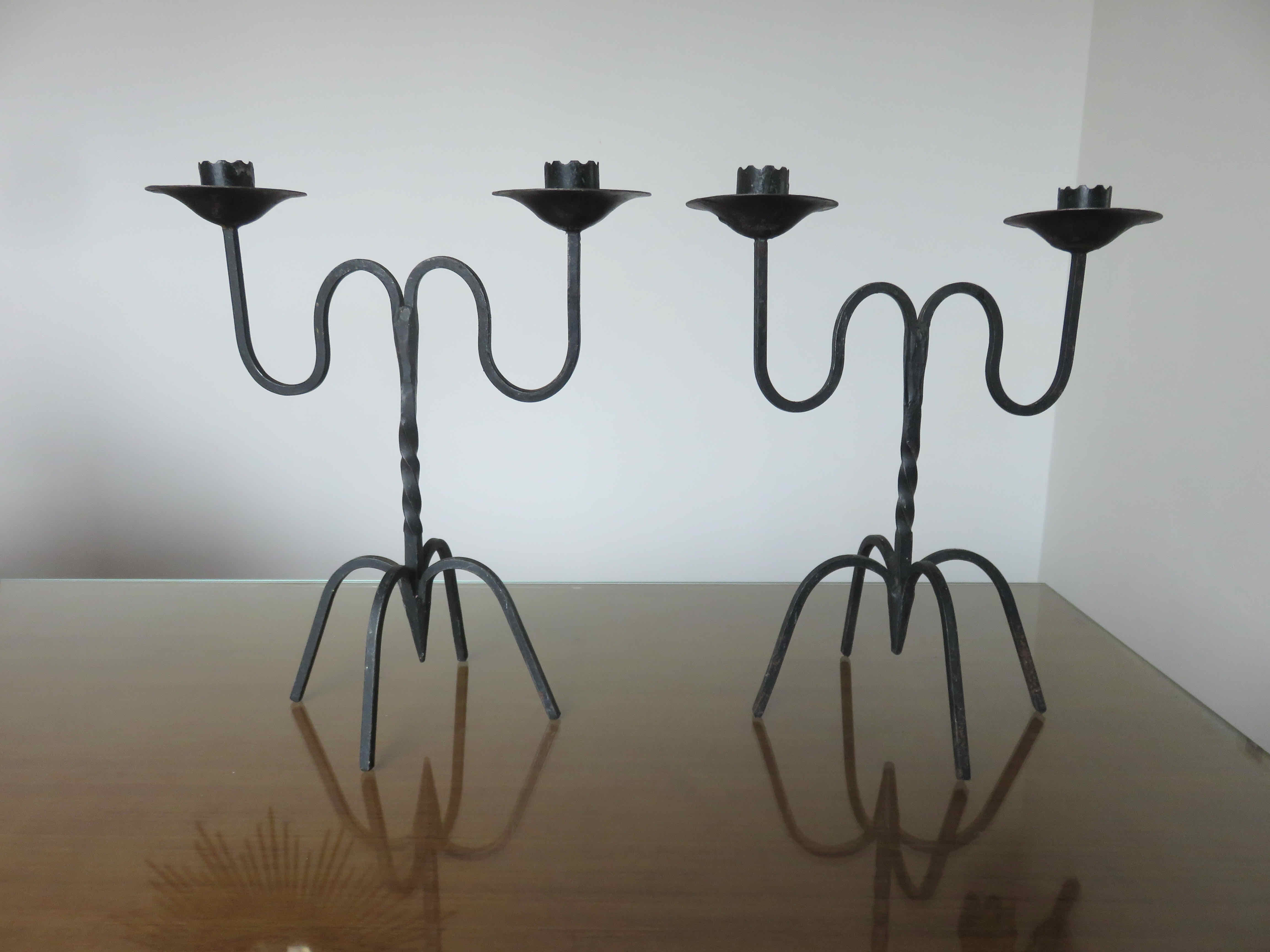 Pair of black wrought iron brutalist candlesticks 50s 60s