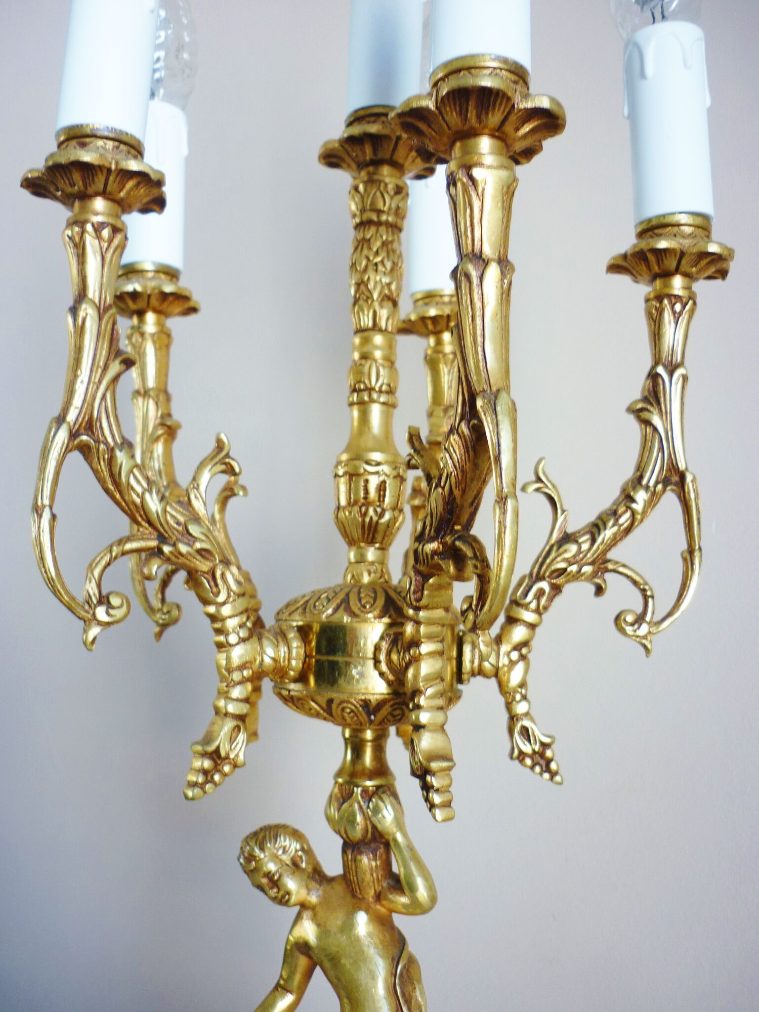 Candelabra, 6-pointed candlestick, marble, bronze, putti decoration, putto