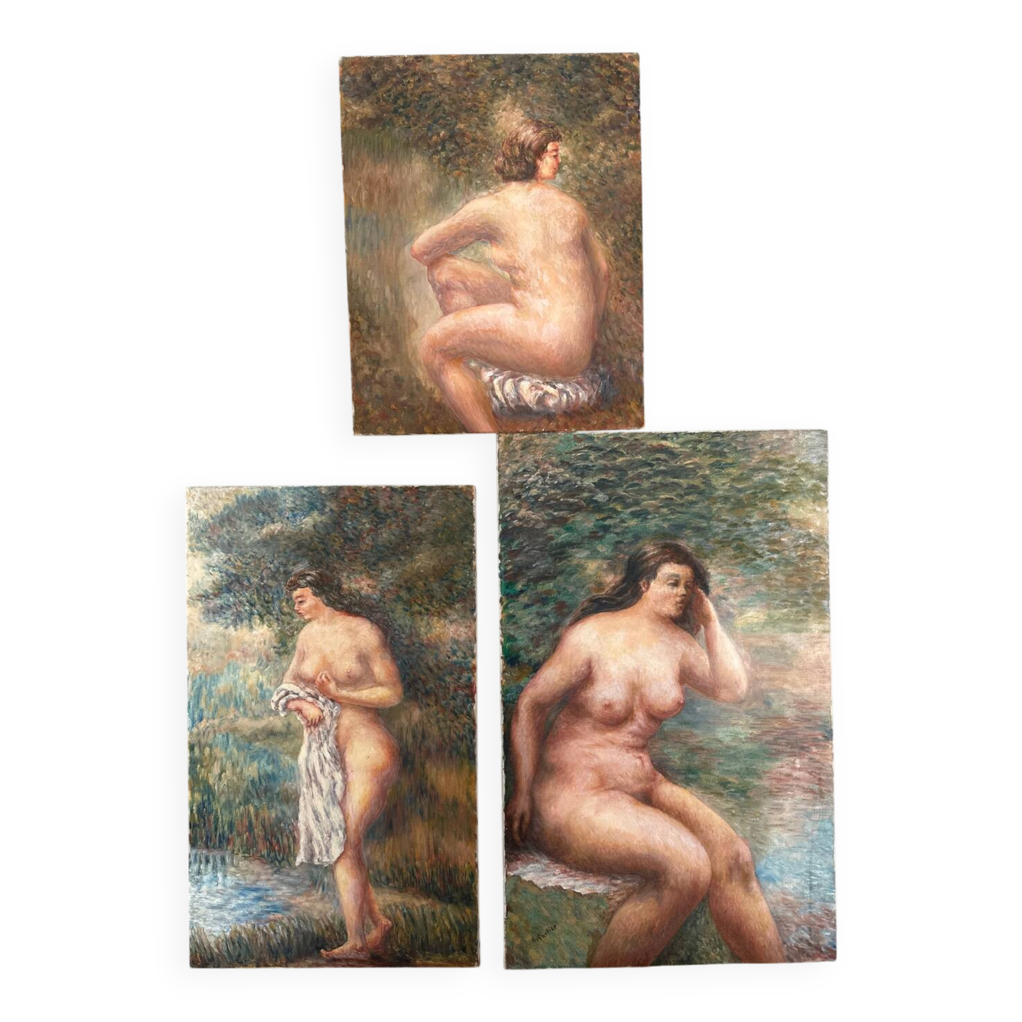 Triptych of Impressionist Nudes Oil on Canvas signed G. Cartie