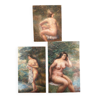 Triptych of Impressionist Nudes Oil on Canvas signed G. Cartie