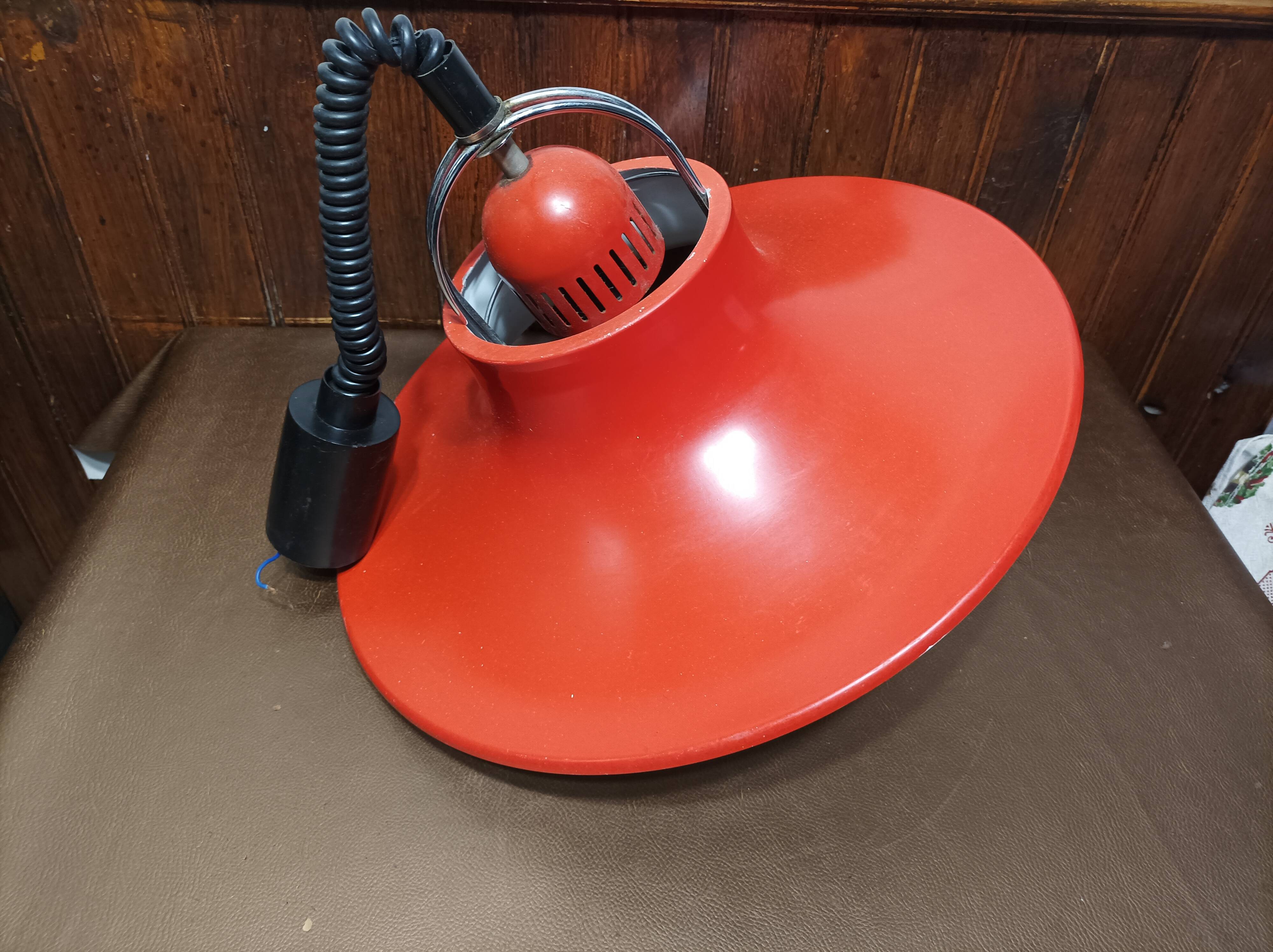 Suspension, red and white metal chandelier from the 70s