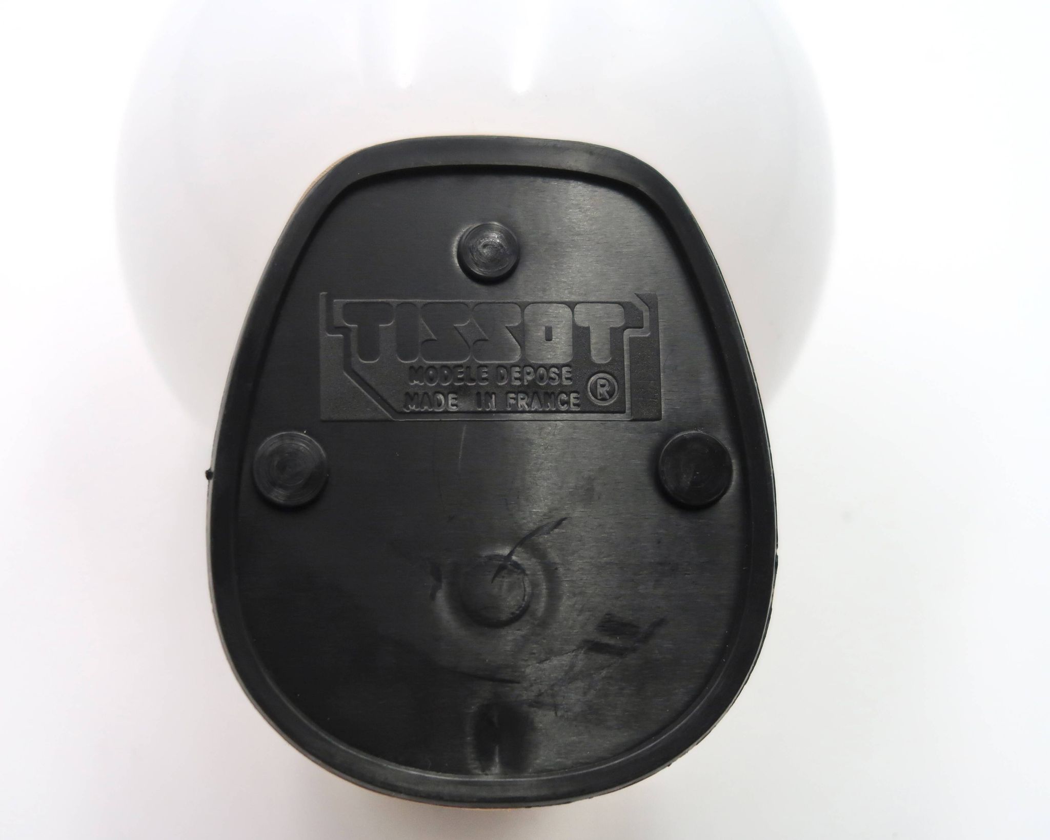 Beige Tissot wall light with opaque white glass globe, 1970s 80s.