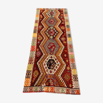 Tapis vintage turc kilim 432x177 cm laine kelim tapis grand large runner rouge, noir