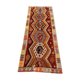 Tapis vintage turc kilim 432x177 cm laine kelim tapis grand large runner rouge, noir