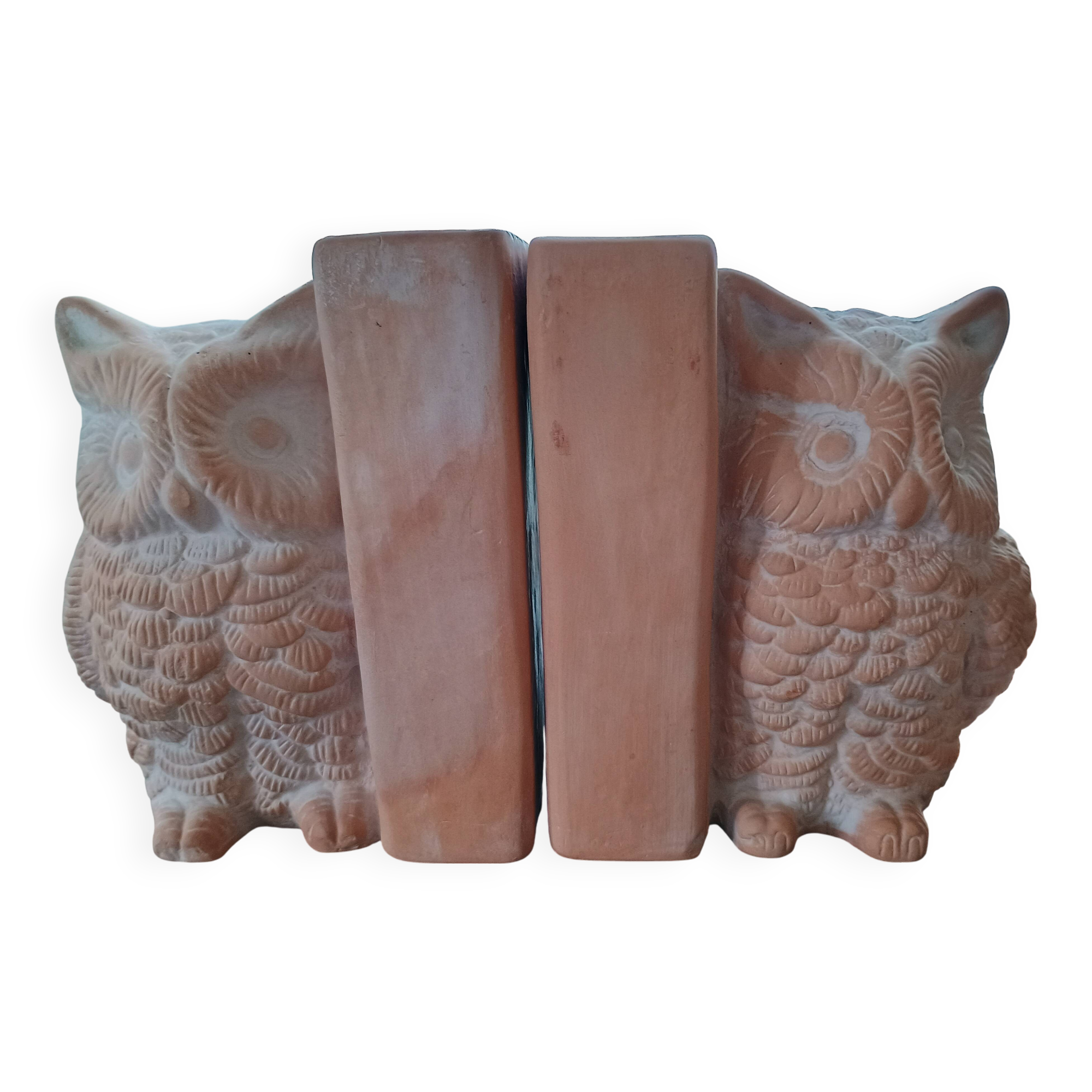 Serre livres paire - Hibou Chouette et livre - terre cuite brute - moderne