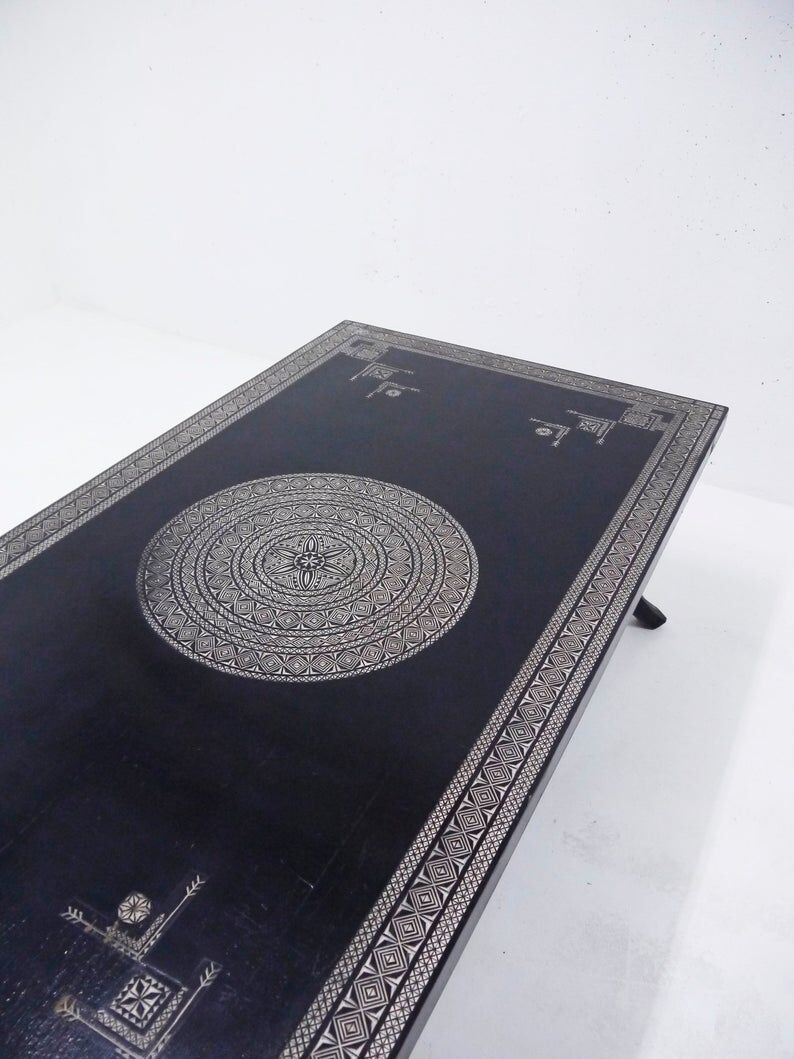 Antique wooden coffee table painted in black and incised with white painted decorations, Ettore Zaccari, Italy c 1910