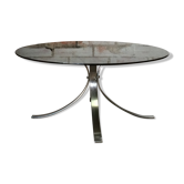 Table basse ronde inox chromé et verre fumé