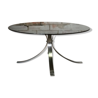 Table basse ronde inox chromé et verre fumé