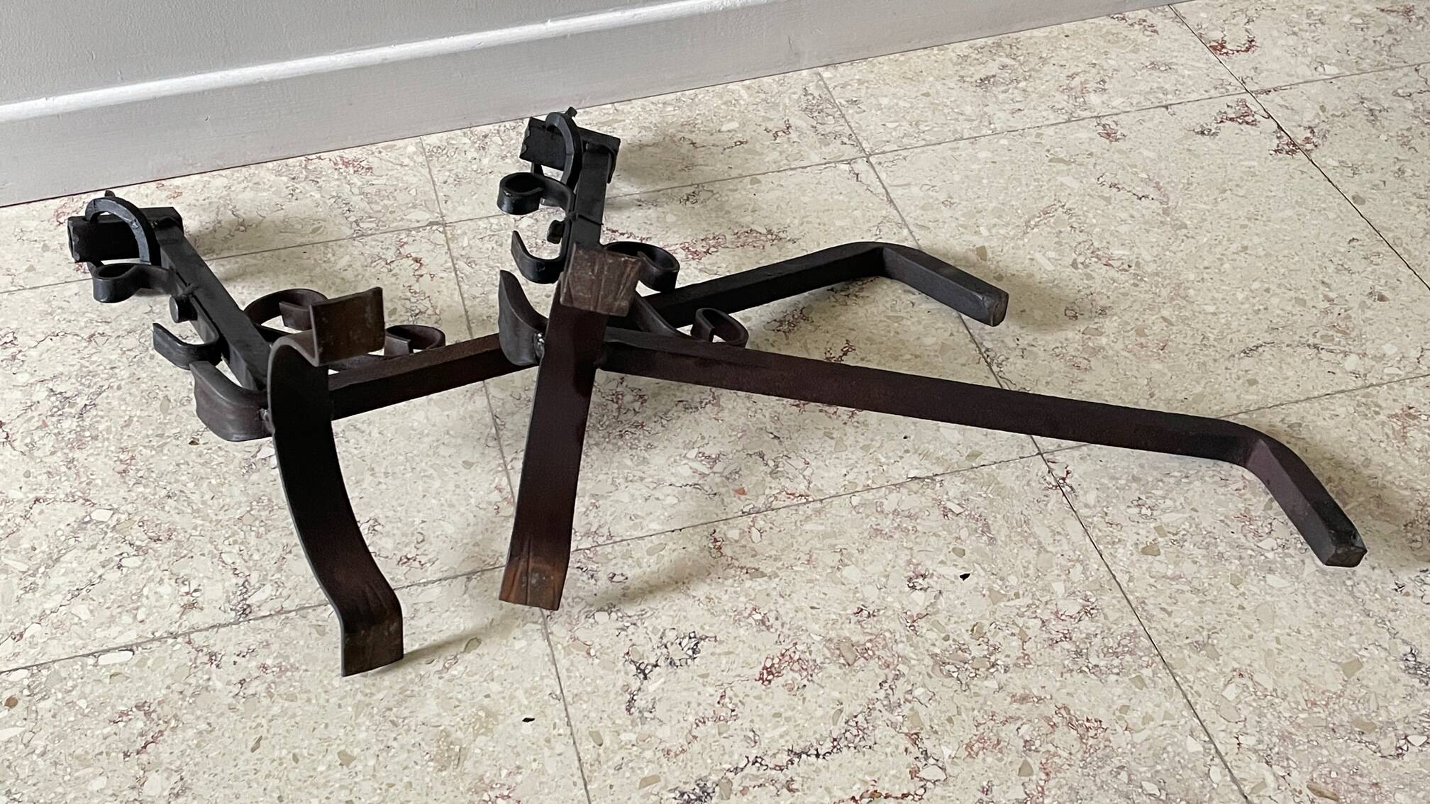 Pair of vintage steel brutalist andirons