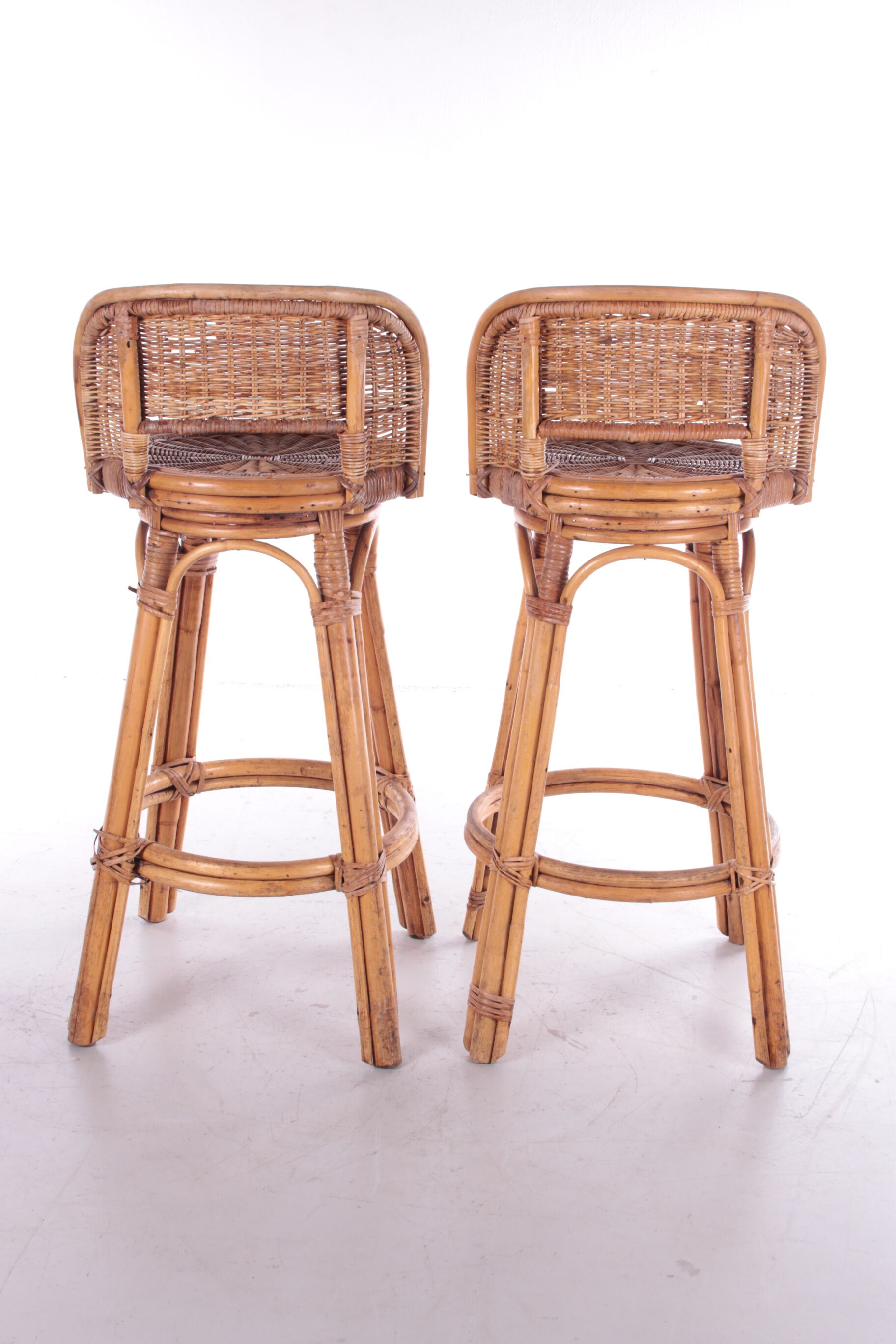 Vintage Rattan Swivel Bar Stool Set, 1950s