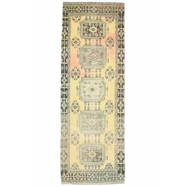 1970s Vintage Turkish Hand-Knotted Wool Cotton Orange Runner Rug 120x348