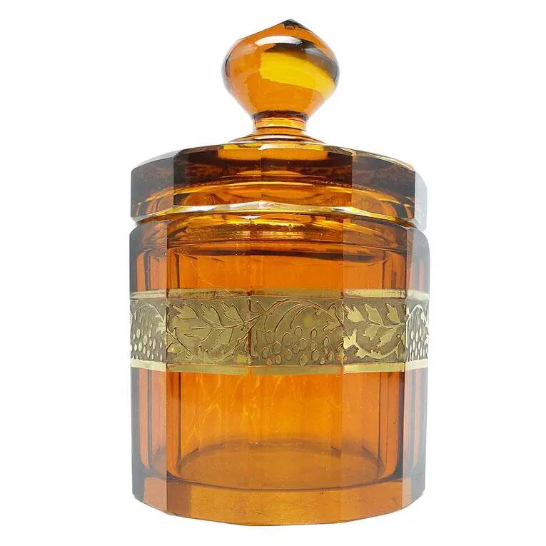 Bonbonnière Art Déco, verre miel, oroplastique, Moser, Bohême, Tchécoslovaquie, années 1930