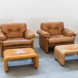 Pair of armchairs with cognac-colored pouf, "Coronado" model by Afra & Tobia scarpa for B&B It