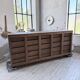 Patinated blue workshop furniture with XL drawers in oak and beech.
