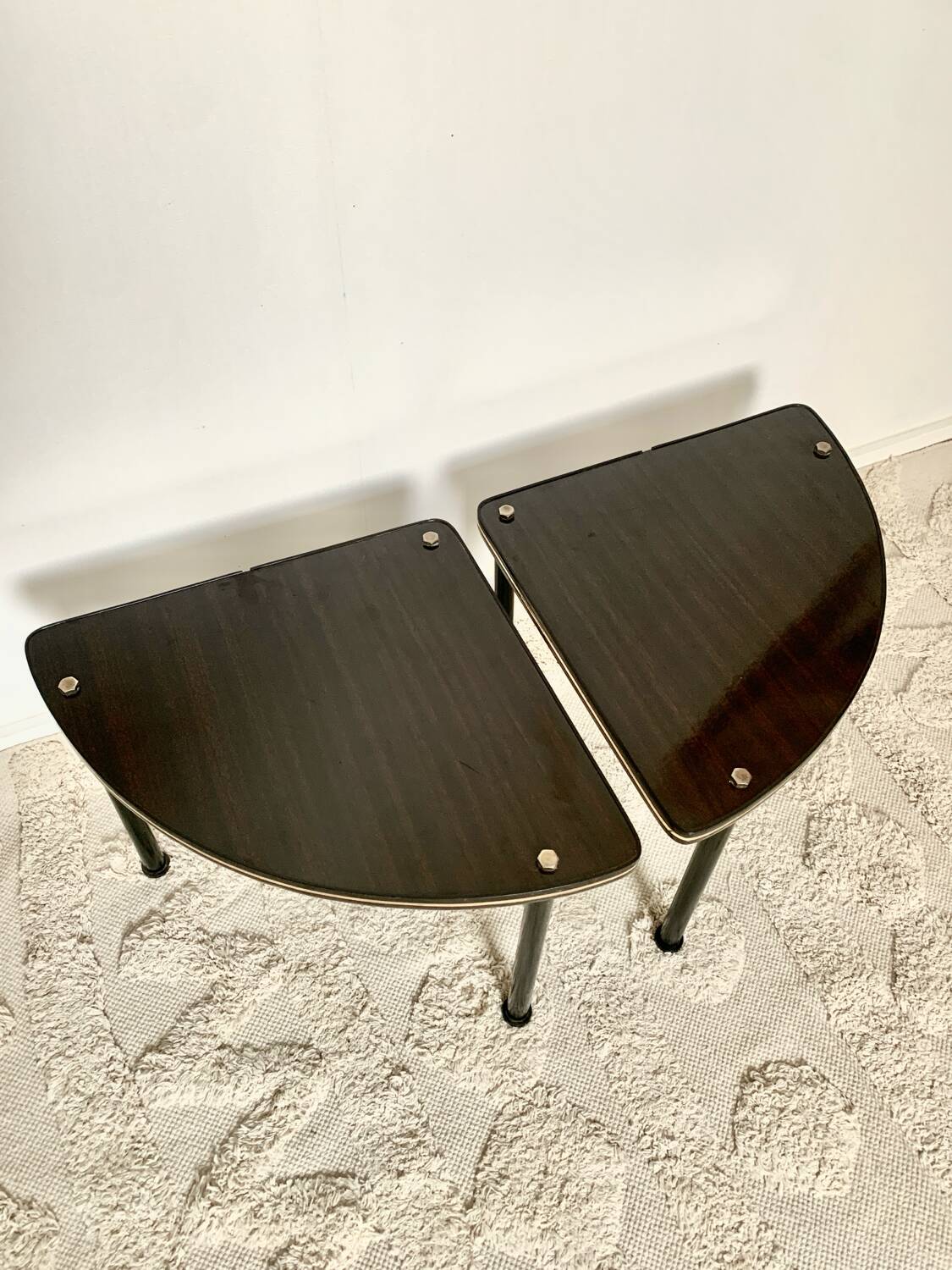 Pair of vintage 1960s side tables – wood veneer & brass, metal legs