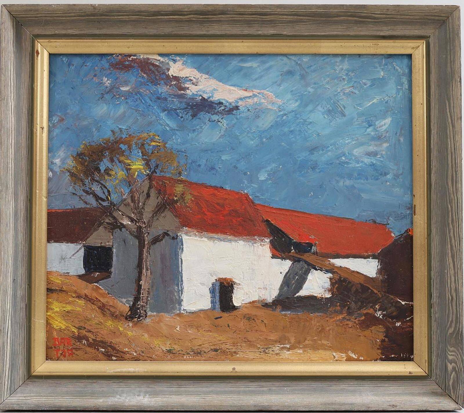 Huile sur panneau originale – “Barn” par Bartja Björklund – Vintage et encadrée