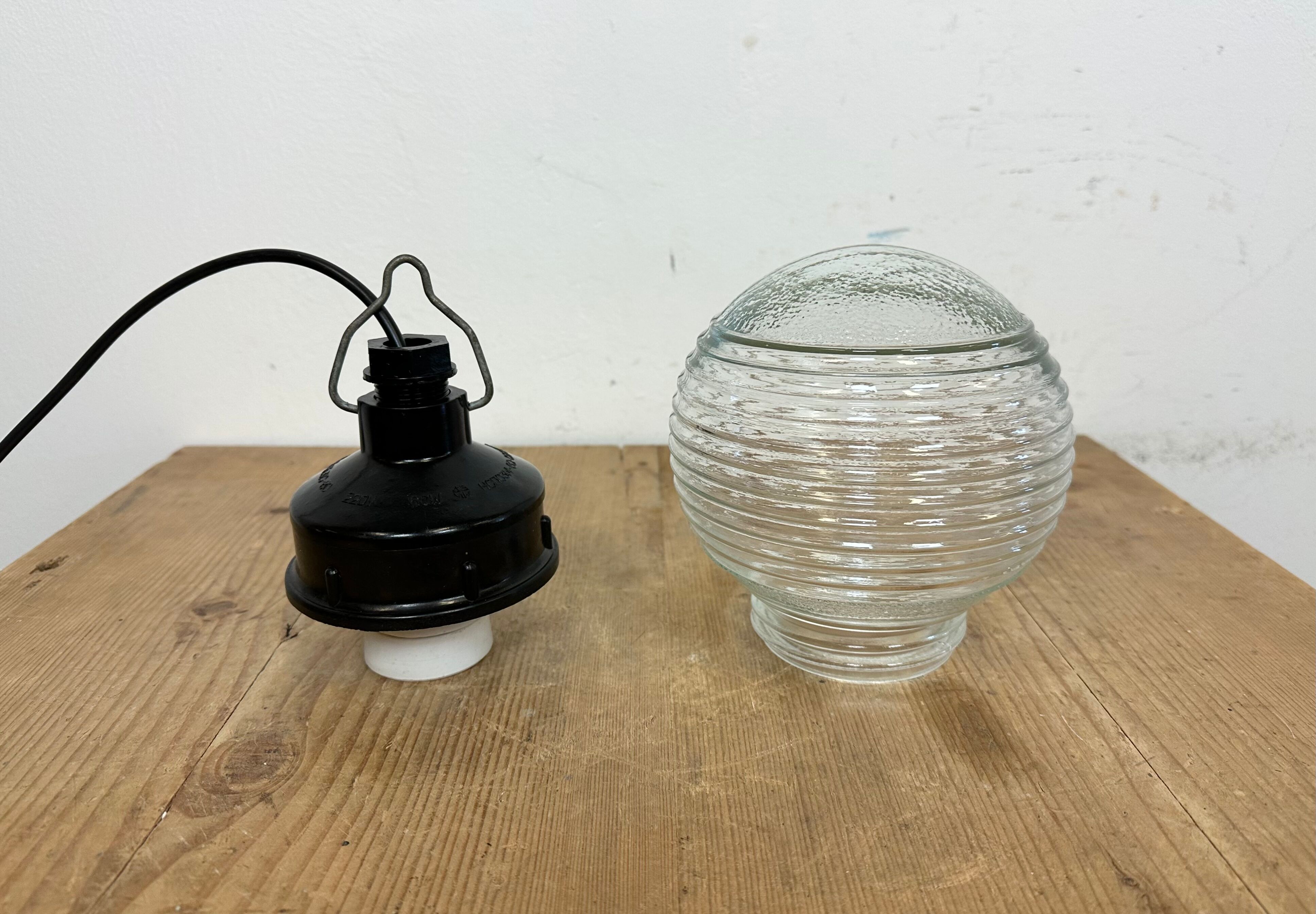 Industrial bakelite pendant light with ribbed glass, 1970s
