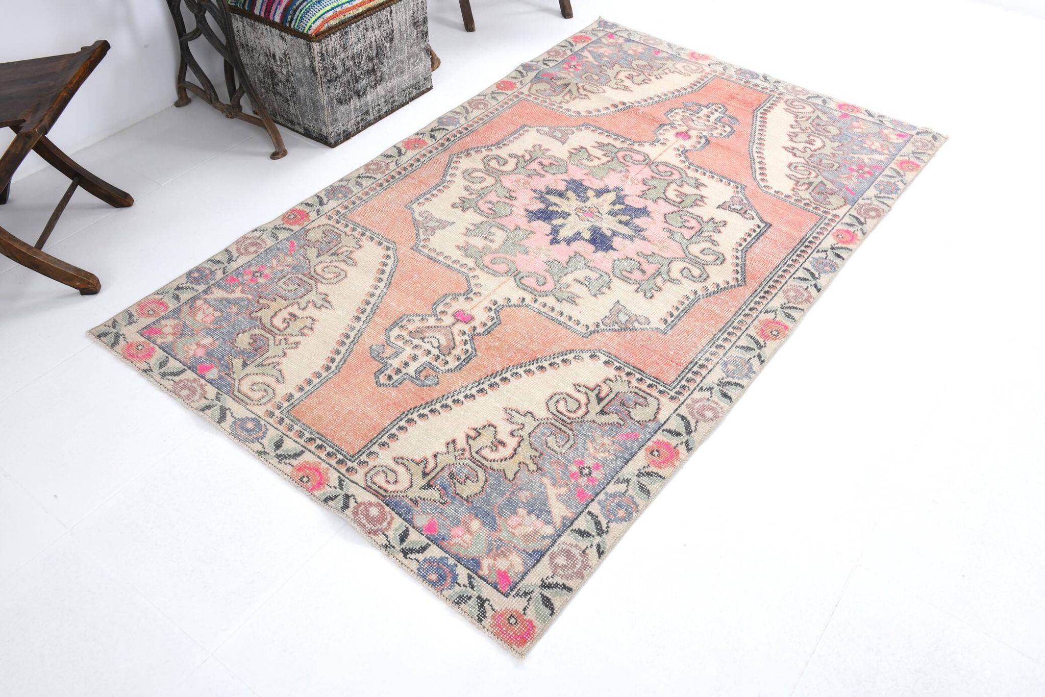4x7 Pale Orange & Beige Oriental Wool Turkish Vintage Rug, 127x210Cm SK 6787