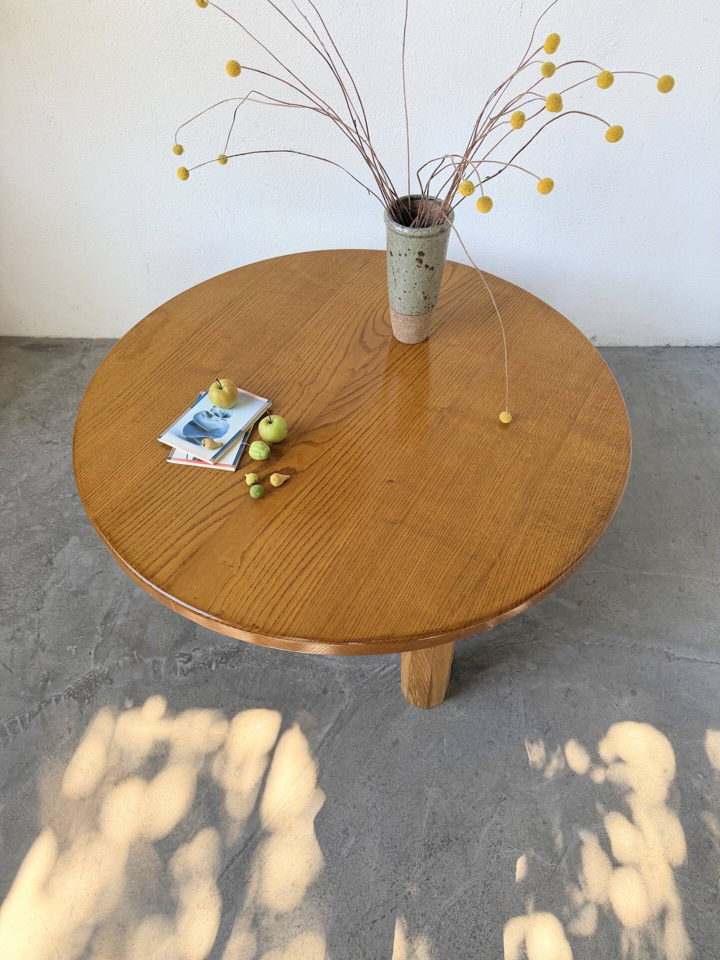 1950s round tripod oak coffee table