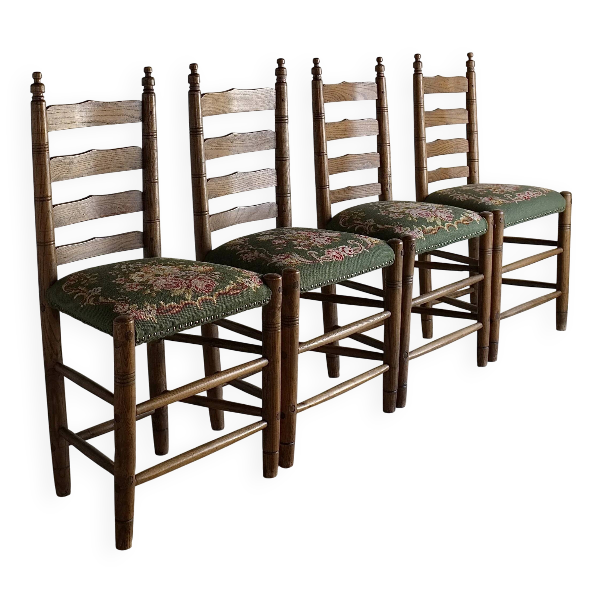 Rustic ladder-back oak chairs with embroidered seats | Netherlands | 1950s