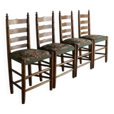 Rustic ladder-back oak chairs with embroidered seats | Netherlands | 1950s