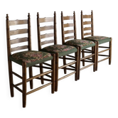 Chaises rustiques en chêne à dossier échelle et assises brodées | Pays-Bas | Années 1950