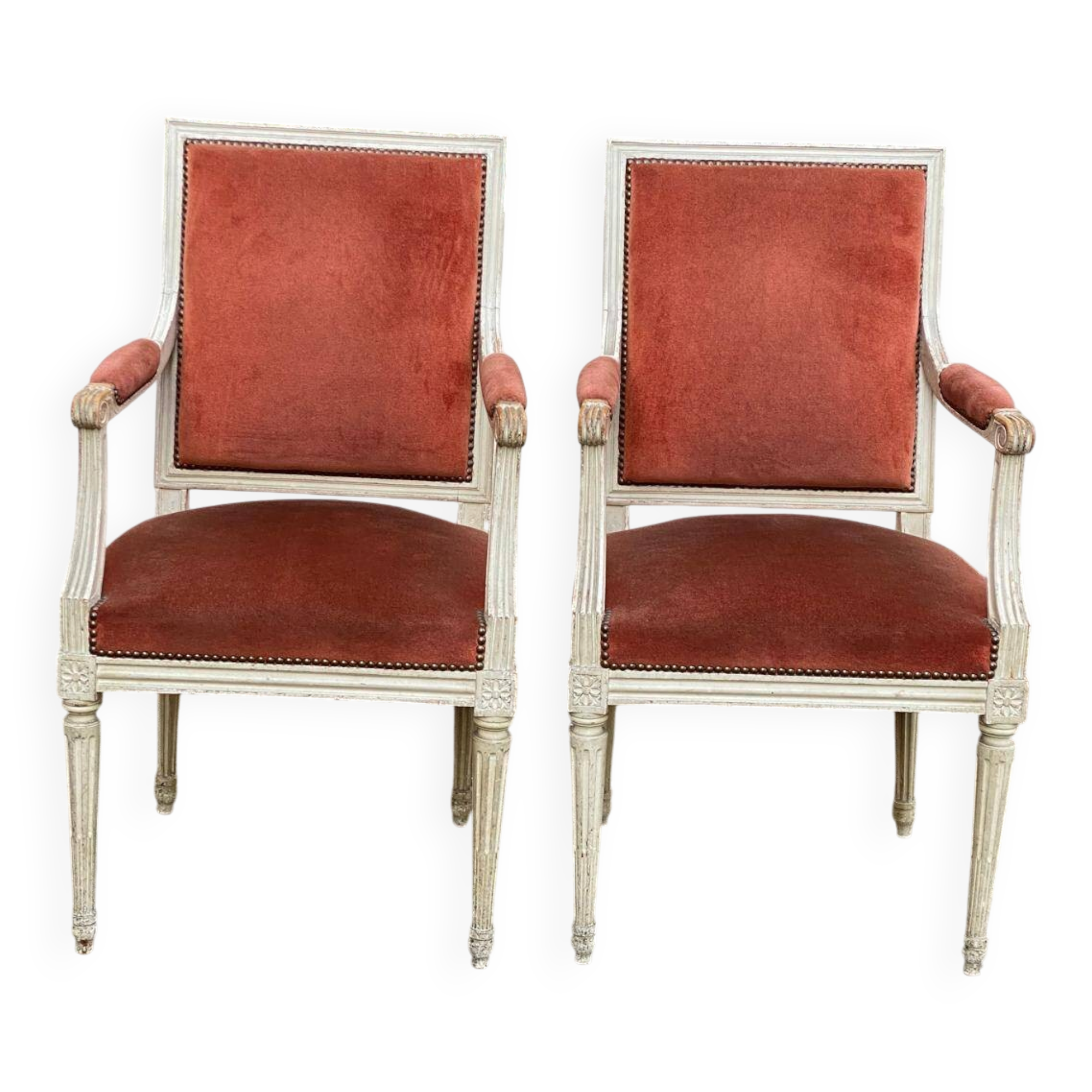 2 Louis XVI armchairs in solid wood and orange velvet.