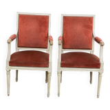 2 Louis XVI armchairs in solid wood and orange velvet.