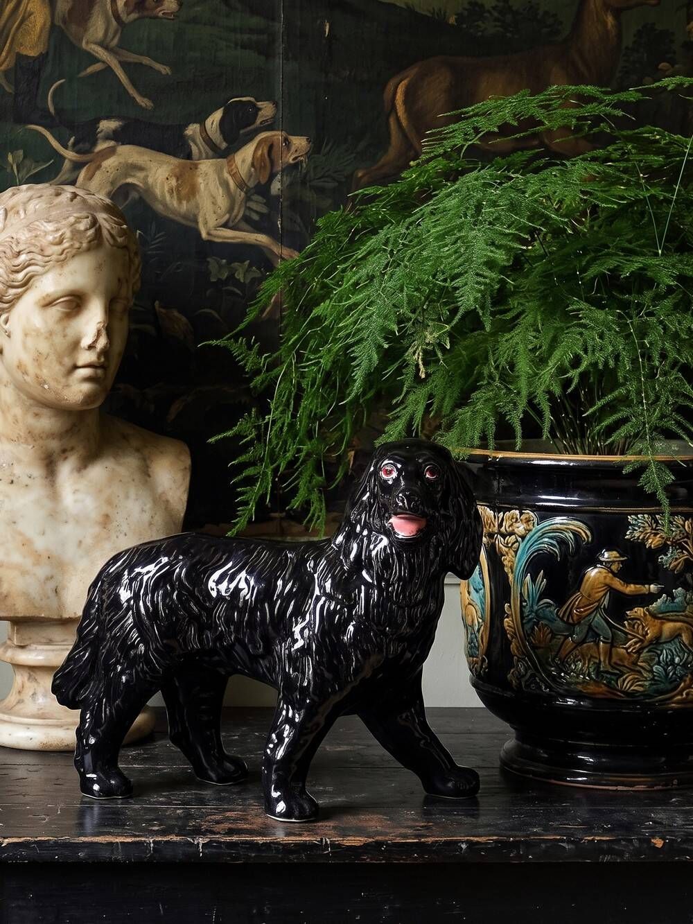Vintage rum carafe Newfoundland Screech, Newfoundland dog in majolica.