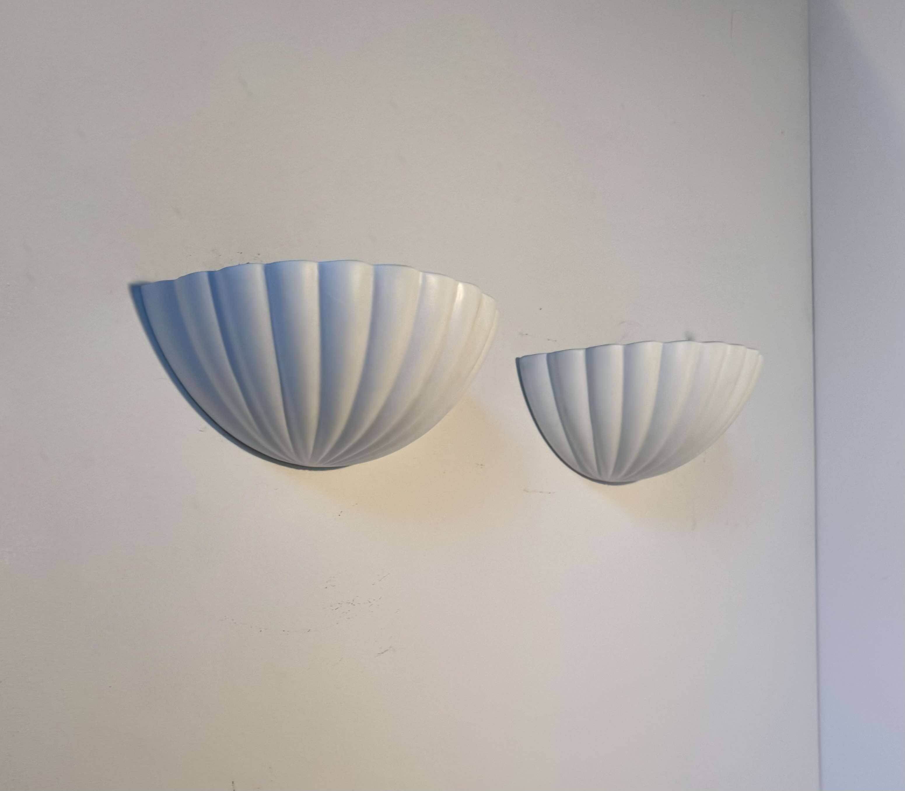 Pair of vintage shell wall lights, matte white, France 1970
