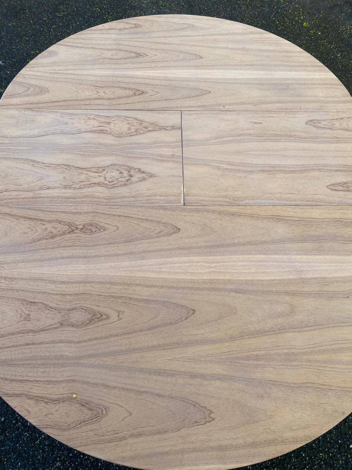 Renovated round extendable Scandinavian dining table in teak, 153cm.