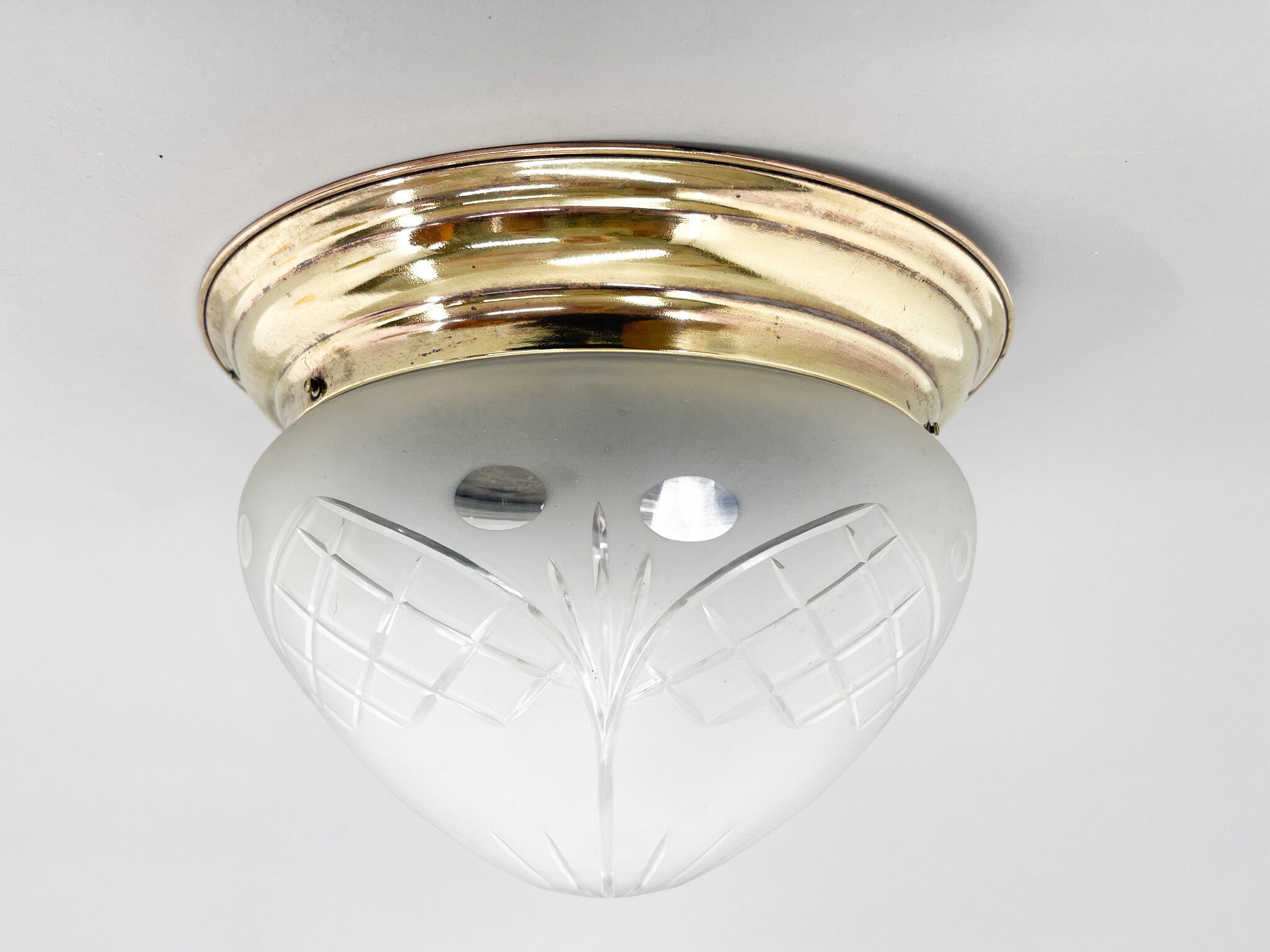 Art deco brass & cut glass flush mount, czechoslovakia