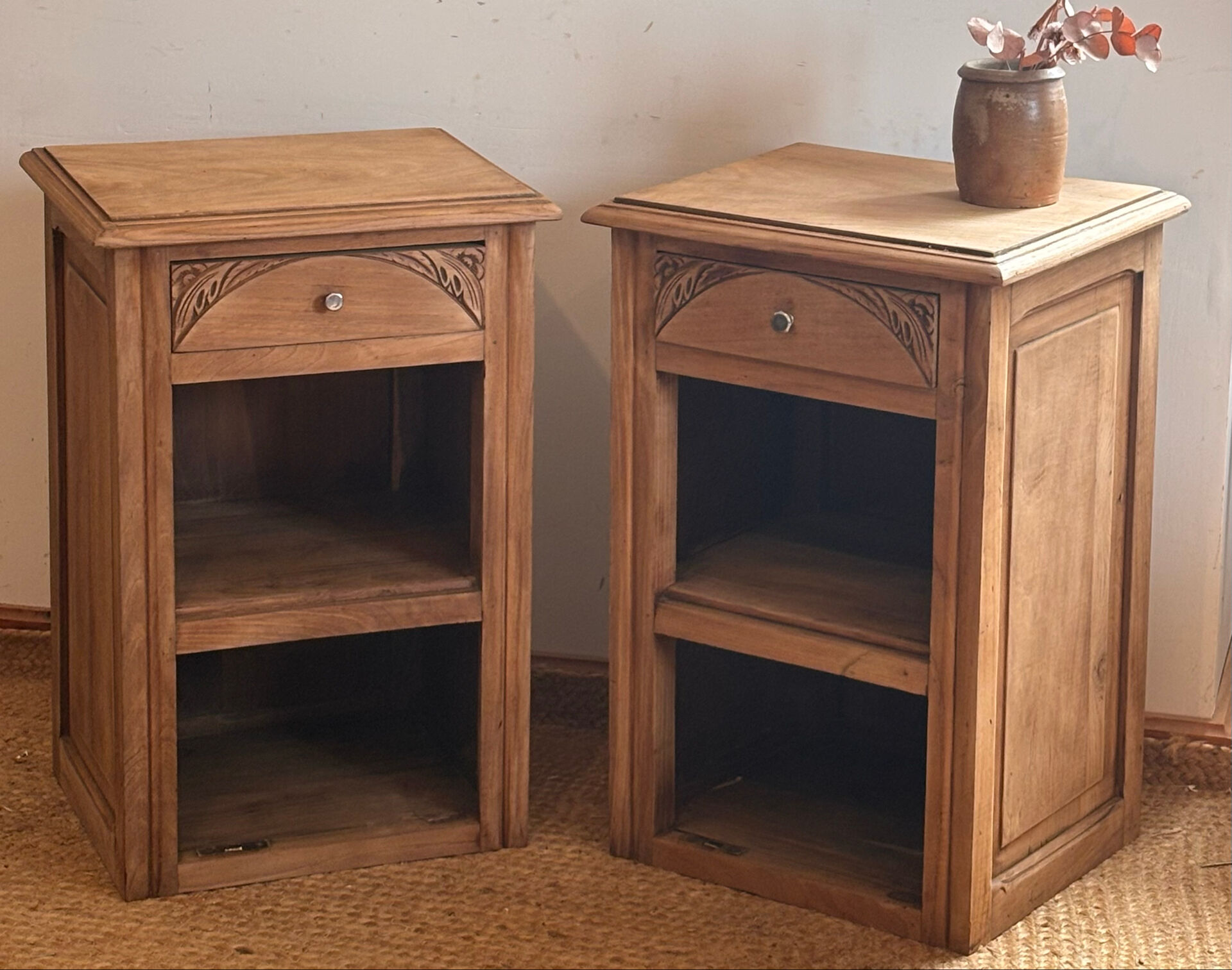 Pair of antique bedside tables / nightstands in raw solid oak.