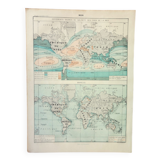 Gravure • Marées et salinités, carte • Affiche originale et vintage de 1898