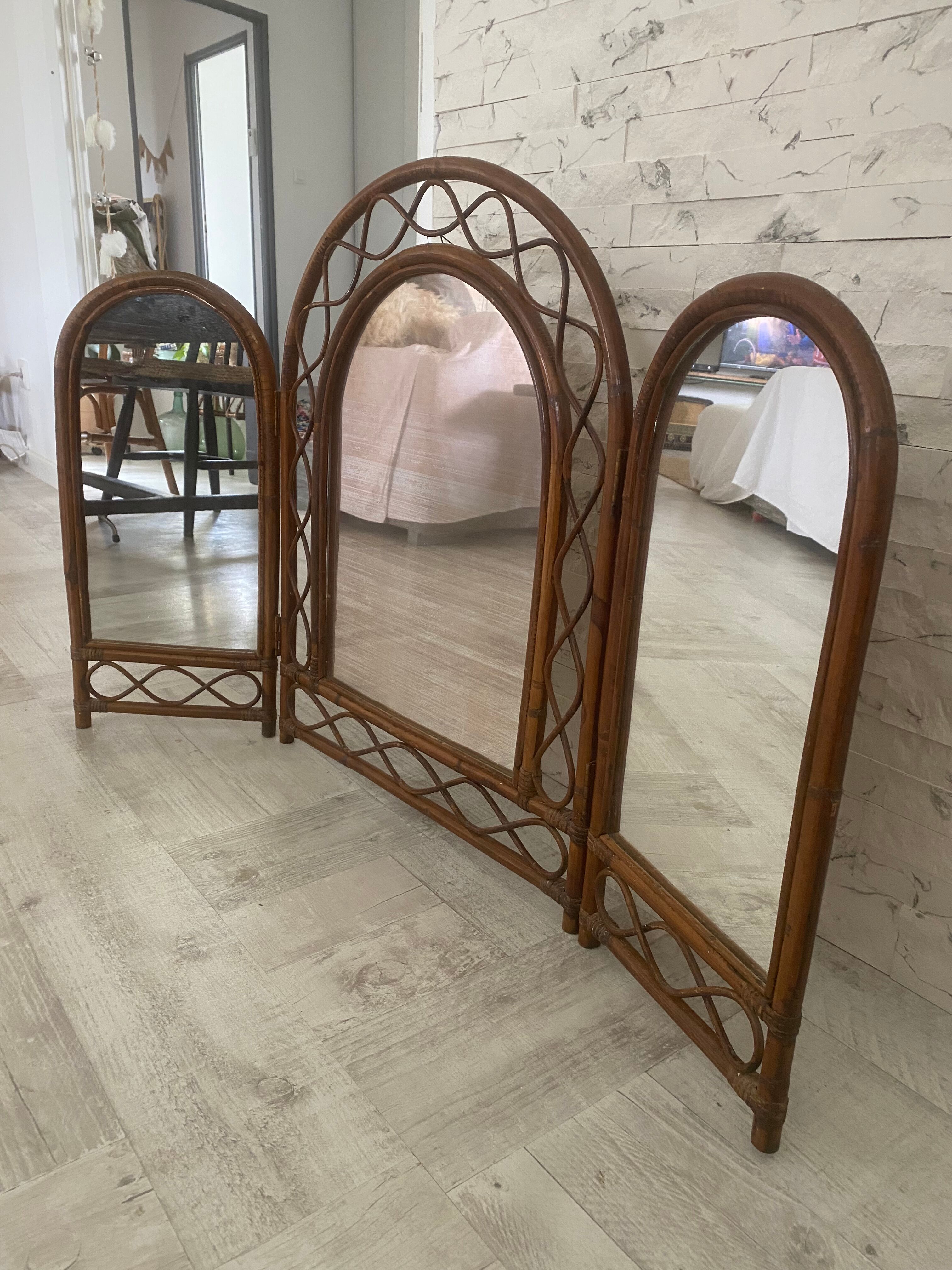 Large triptych rattan mirror 105x68cm