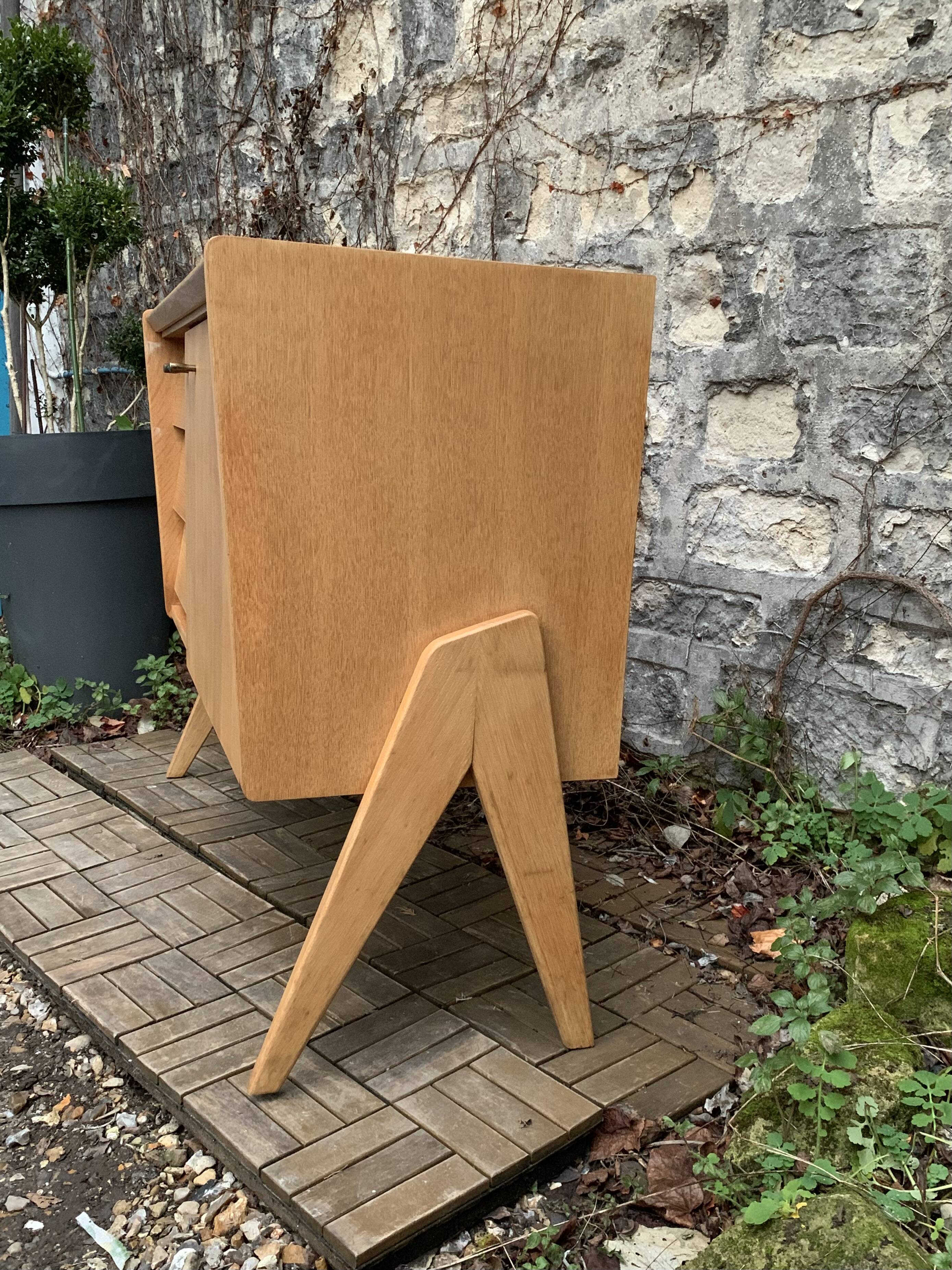 Vintage chest of drawers with compass legs, light oak, 1960s