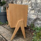 Buffet commode vintage pieds compas chêne clair 1960