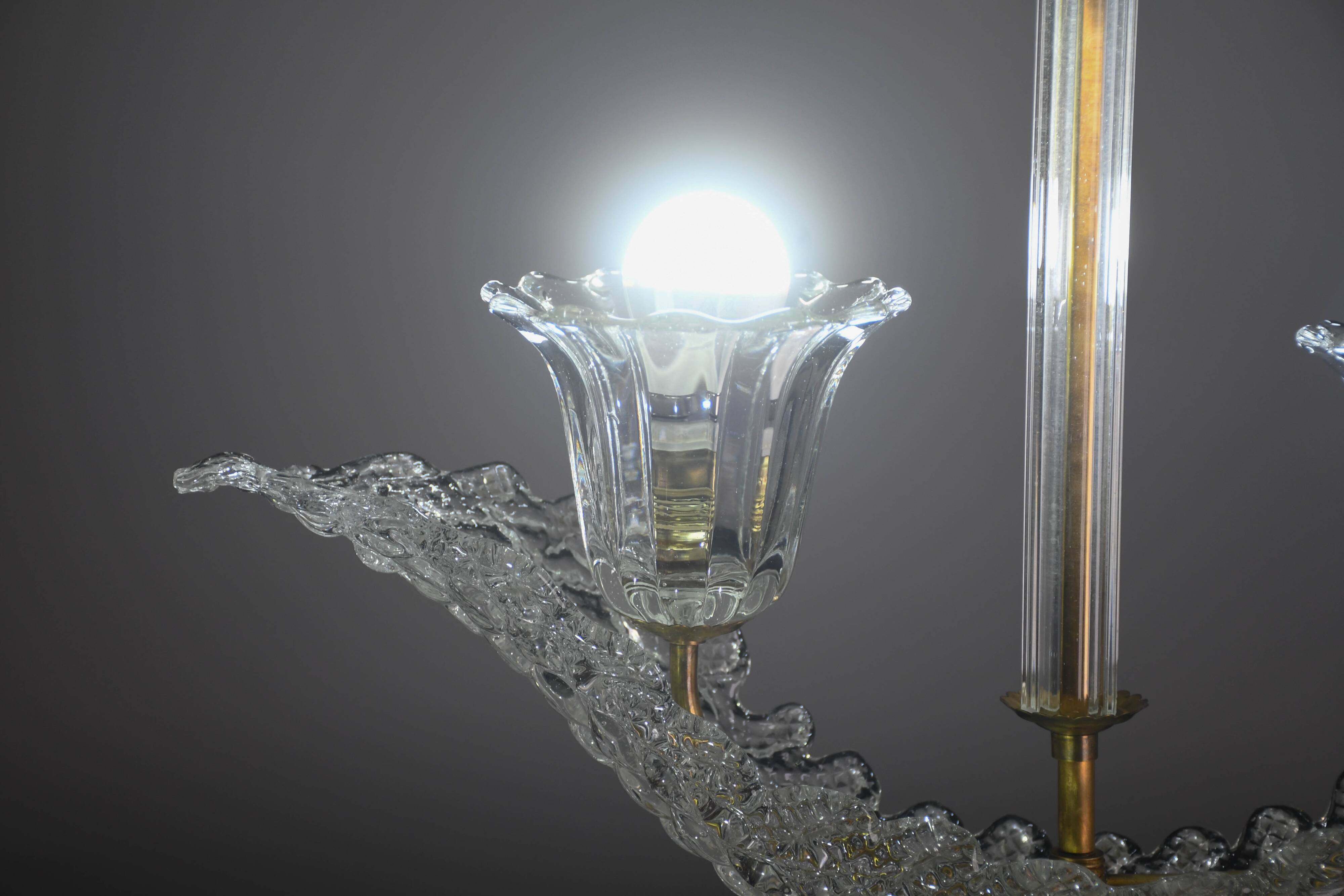 Elegant 2 cup Barovier Art Deco chandelier, Murano glass, brass structure 1940s