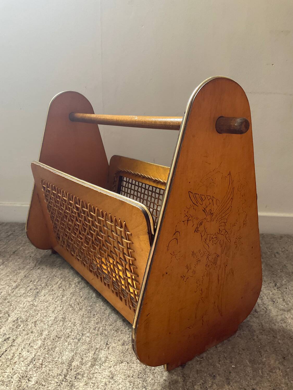 Wooden and rattan magazine rack from the 50s and 60s
