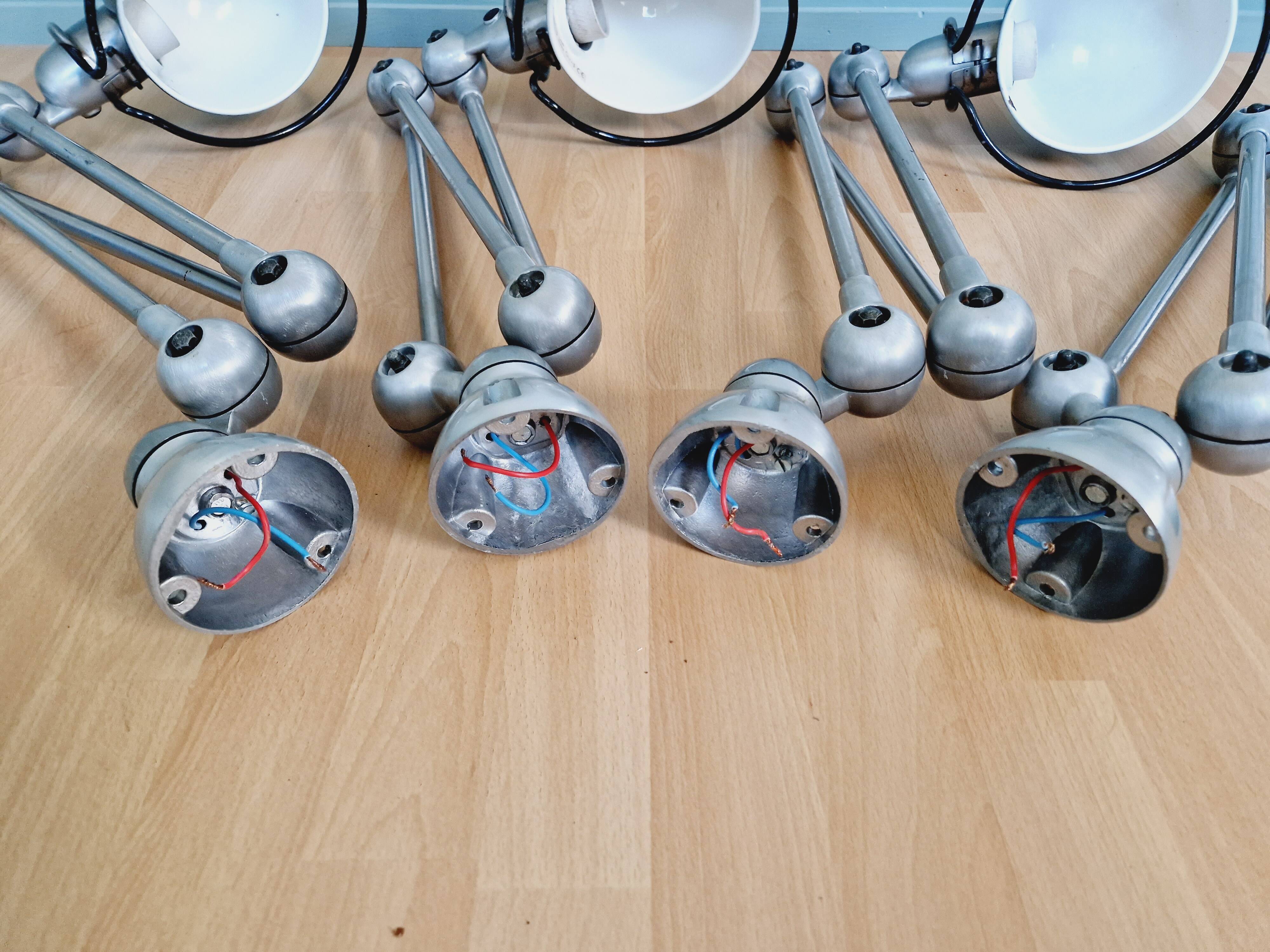 Set of 4 Jieldé industrial lamps in brushed steel, 3 arms