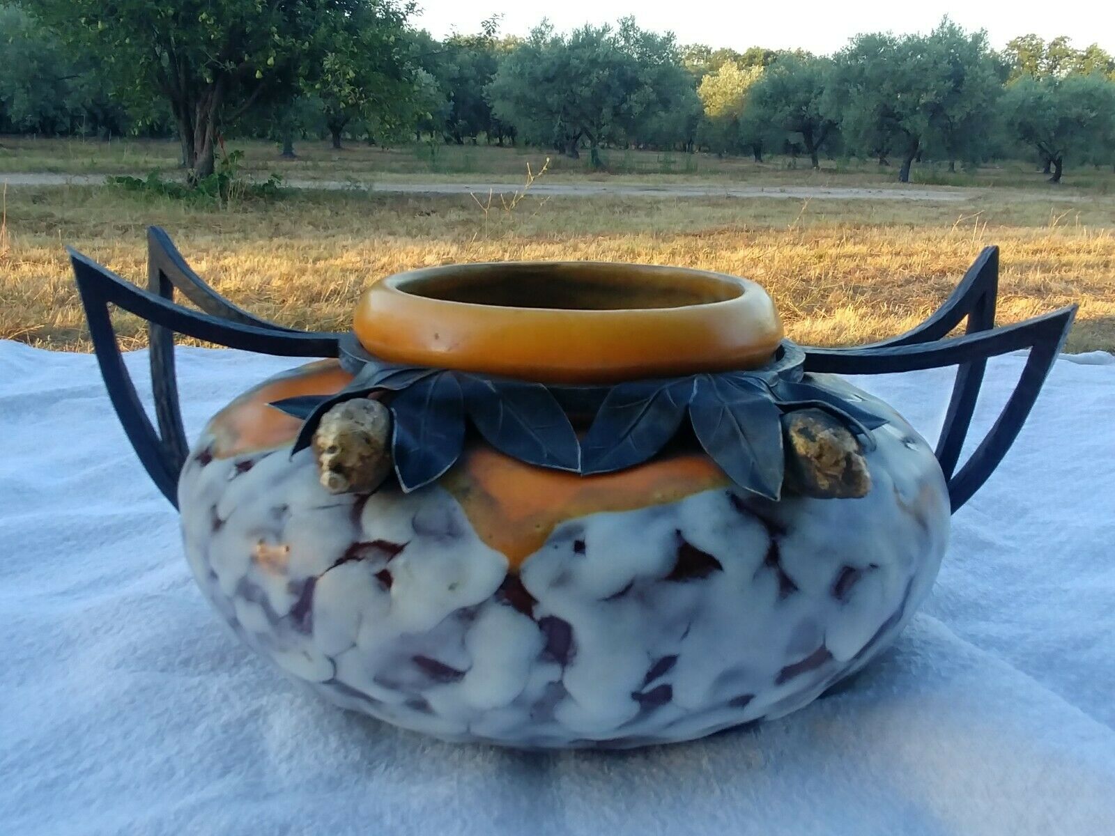 Art Deco ceramic vase wrought iron frame with lemon tree decoration L Date