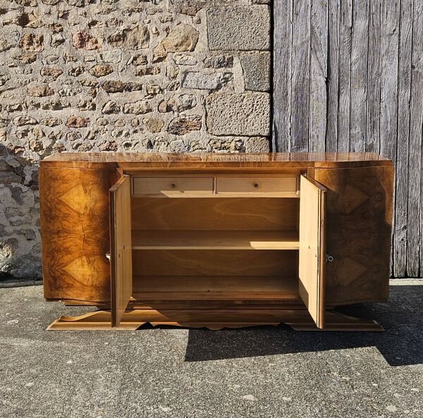 Buffet Art Déco français - Buffet en bois d'orme en placage brillant - Années 30