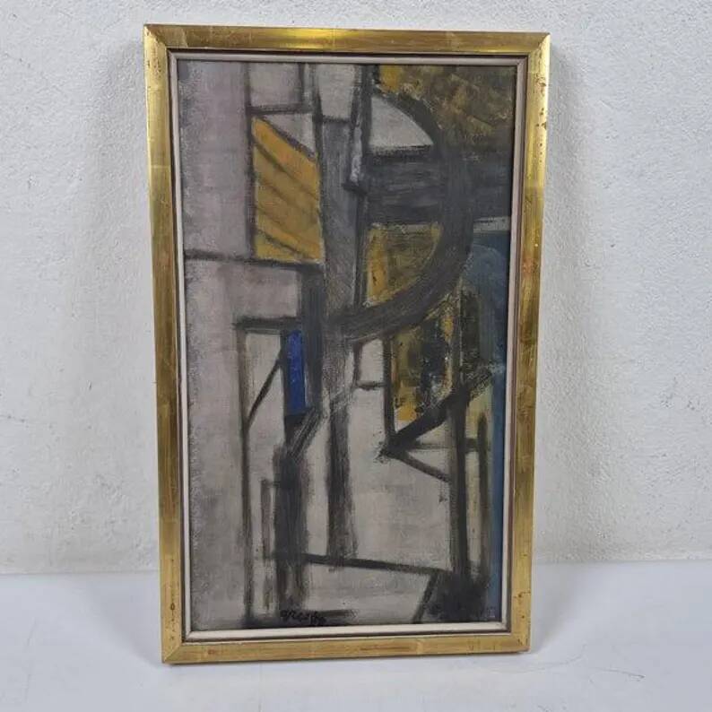Original Danish Oil on Canvas – “Gul Figurkomposition” by P. Primdahl – Signed – Dated 1958 – Vintage & Framed – 43 × 27 cm (16.9" × 10.6")