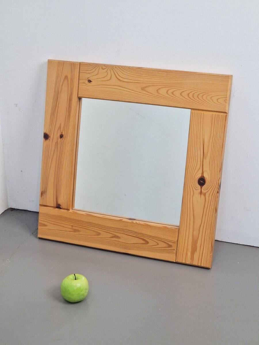 Vintage Scandinavian Square Pine Mirror, 1970s