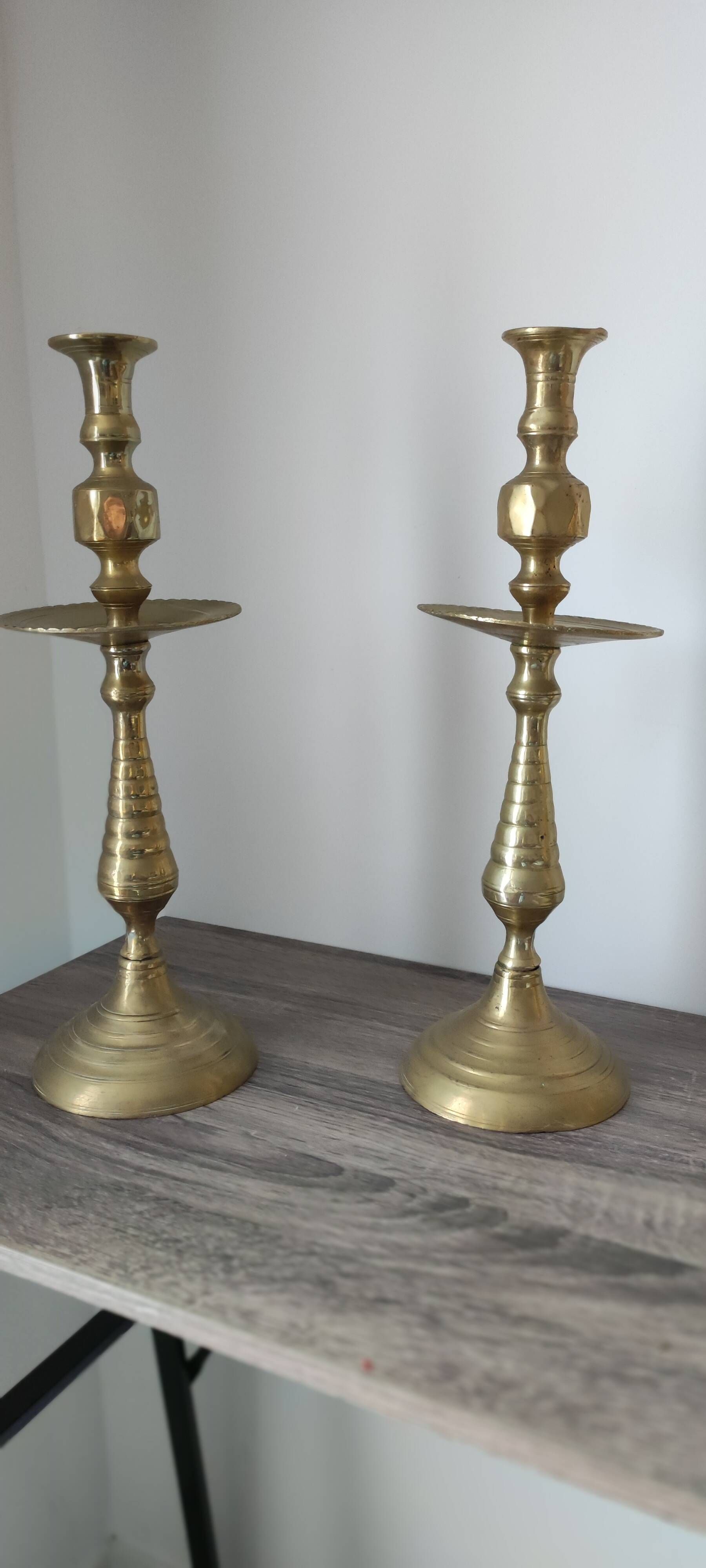 Vintage 19th century brass candlesticks - pair of patina candlesticks