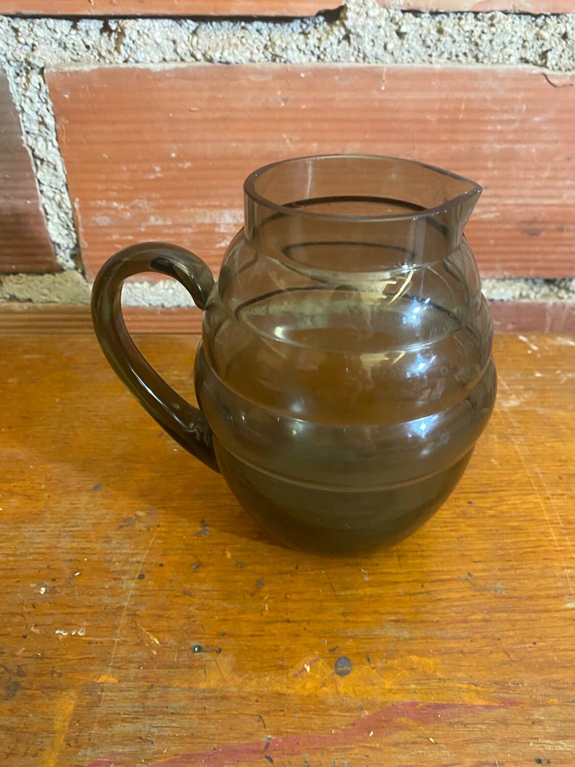 Antique Art Deco Pitcher Smoked Molded Glass Vintage Kitchen #C604