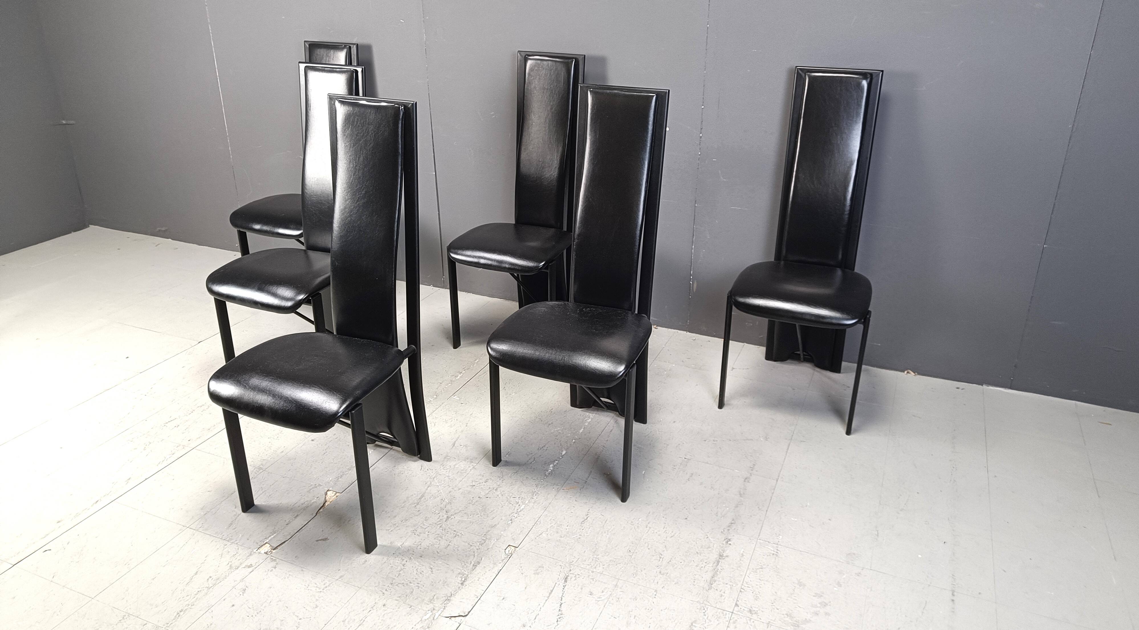 Chaises de salle à manger hautes en cuir noir vintage, lot de 6, années 1980