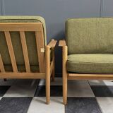 ensemble de fauteuils en tissu vert et bois années 1960